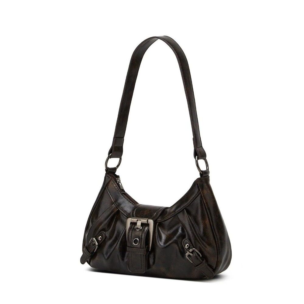 Y2K Retro Style Shoulder Bag, Maillard Pleated Rivet Armpit Bag, Leather - Picture 4 of 6